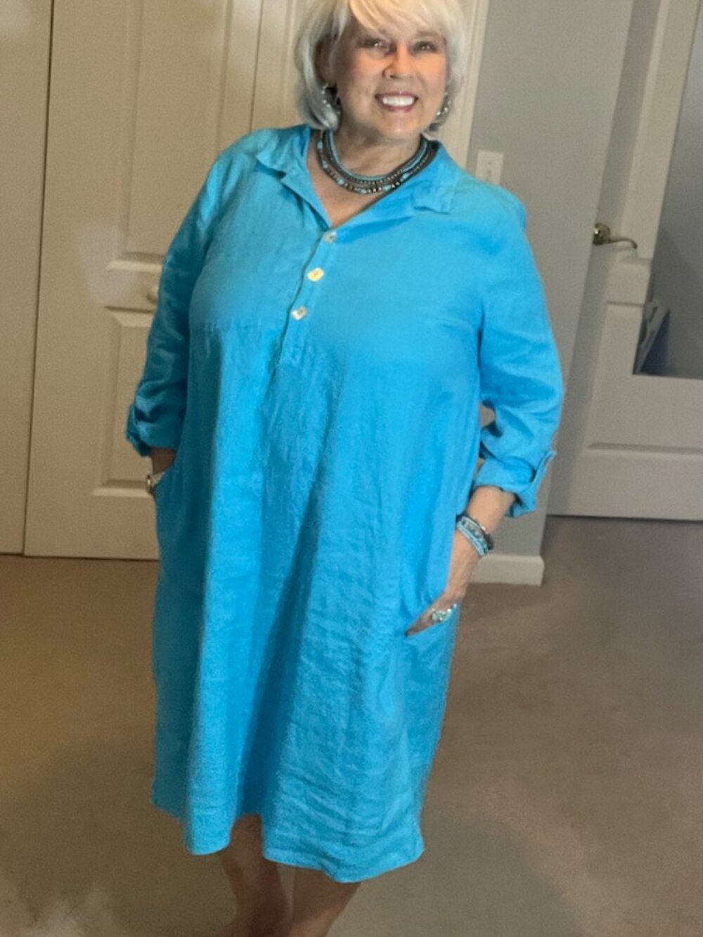 JOHN MARK Turquoise 100% Linen Oversized Shirt Dress Large, Midi, NWOT
